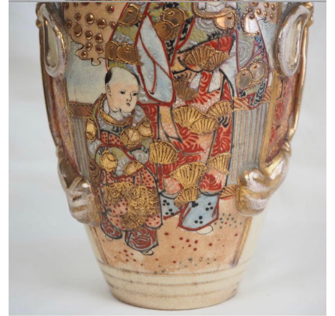 送料無料　明治期 薩摩焼 色絵金彩人物図花瓶