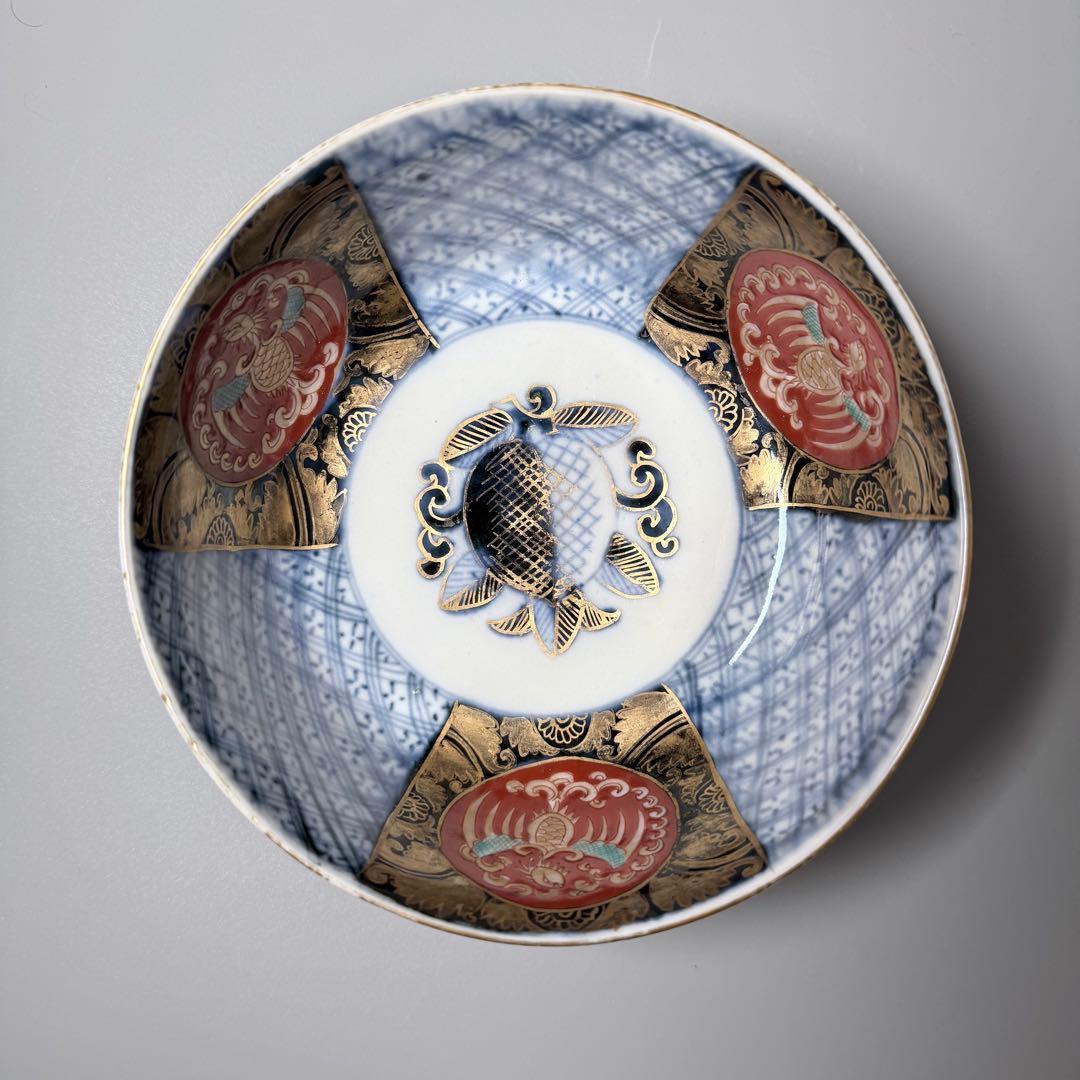 明治時代　染錦龍鳳凰文中鉢　2個　花唐草文　角冨印　古器を楽しむ　アンティーク器