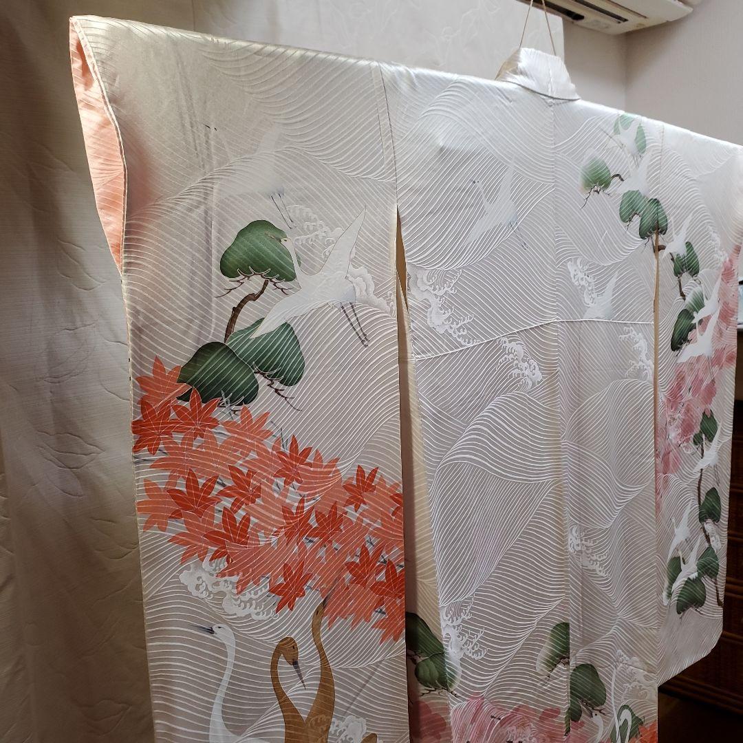 パンダ子様占用　振袖と長襦袢のみ(67)　　正絹　生成り色　鶴　松　梅　紅葉