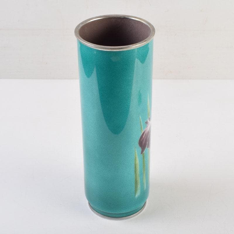 七宝焼　青釉　菖蒲文　筒瓶　花瓶　V　9134