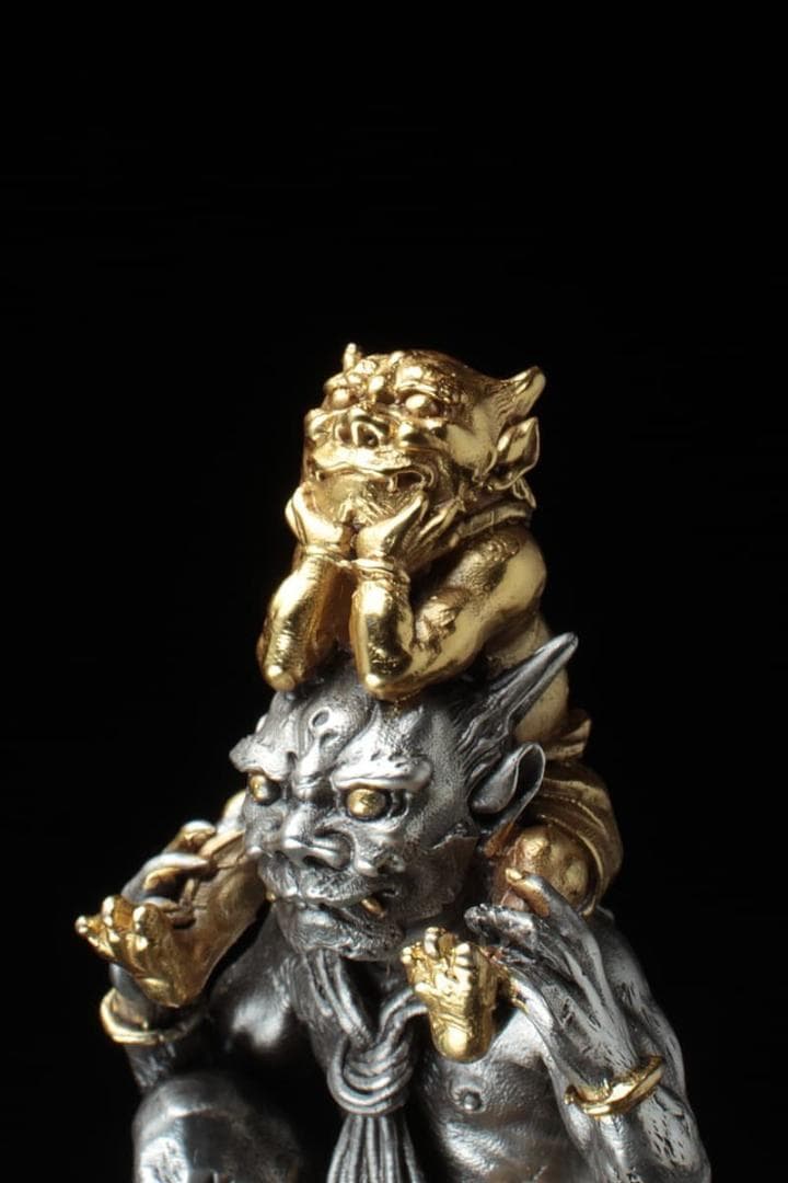 【内島青鳳(市平)作 】超絶技巧 純銀製 「鬼子母神」純銀刻 共箱附 秀逸作