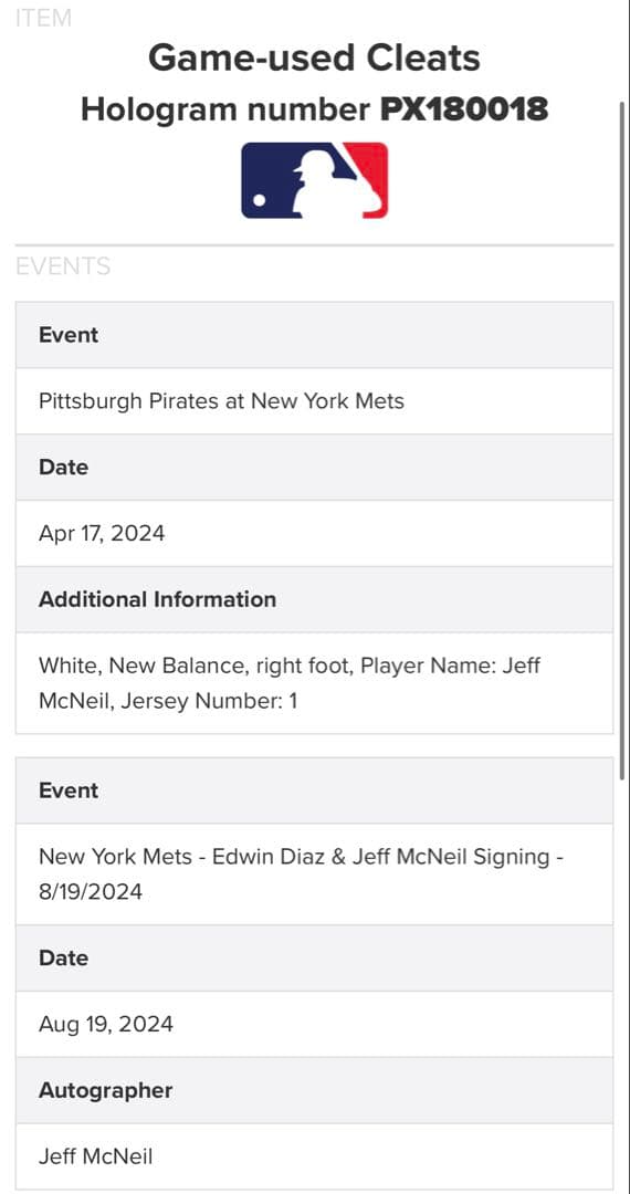 Jeff McNeil ゲーム実使用サイン入りシューズ　MLB