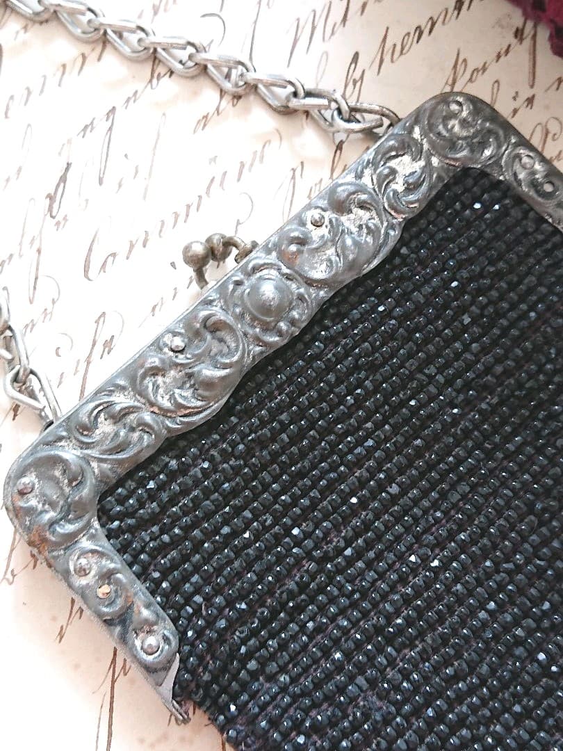 1800年後期 シャモア 裏地 アンティーク ビーズ パース