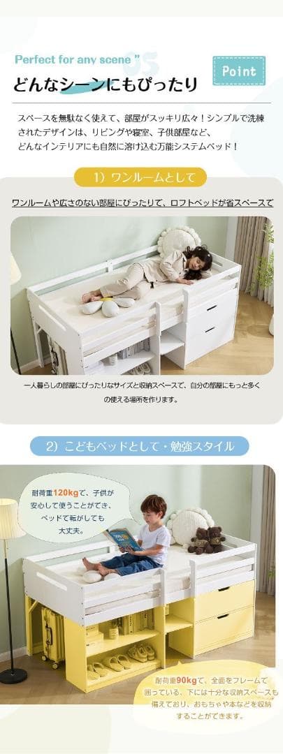新作限定価格❣ロフトベッド シングル ロータイプ ハシゴ すのこ 引き出し 本棚