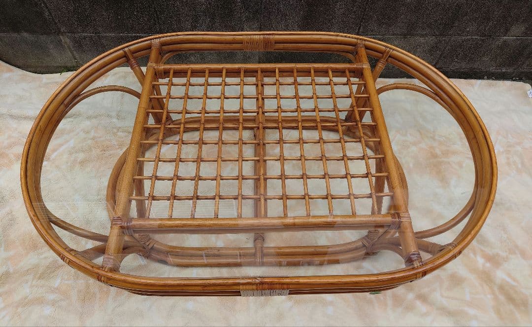 KAZAMAラタン 籐 大型ガラスローテーブル 座卓 風間カザマ ちゃぶ台 木製