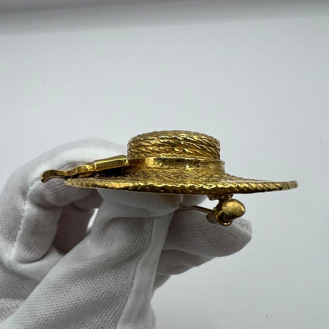 【極美品】シャネル ブローチ 麦わら帽子 ゴールド リボン