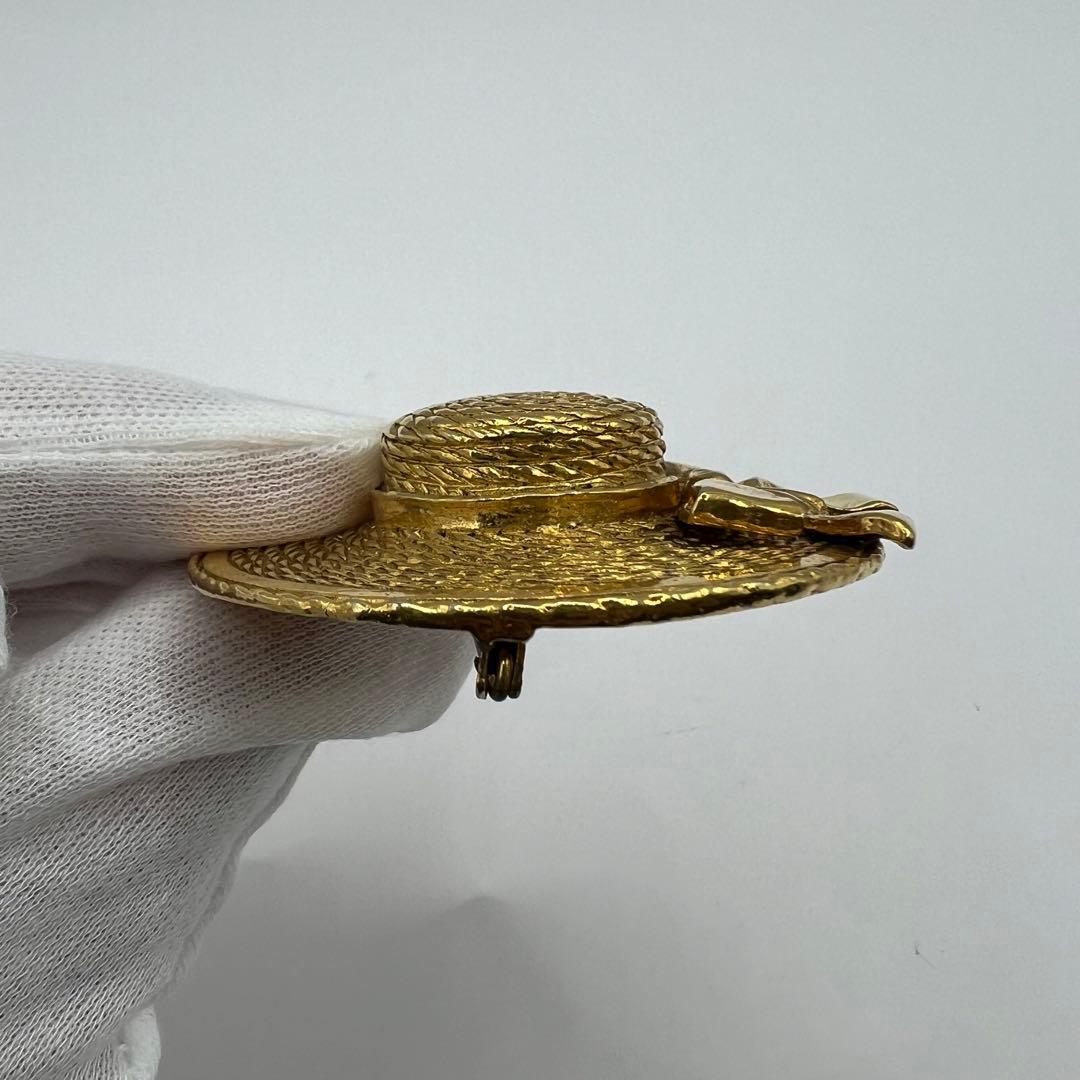 【極美品】シャネル ブローチ 麦わら帽子 ゴールド リボン