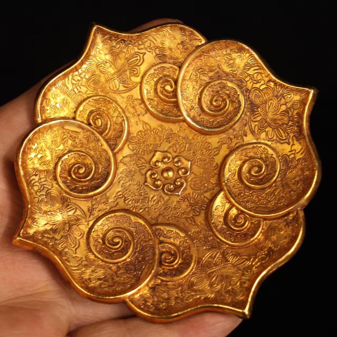 中国古美術『旧蔵 鍍金銅皿』純銅手作り 小盤 極細工 古銅器 置物 擺件 時代物