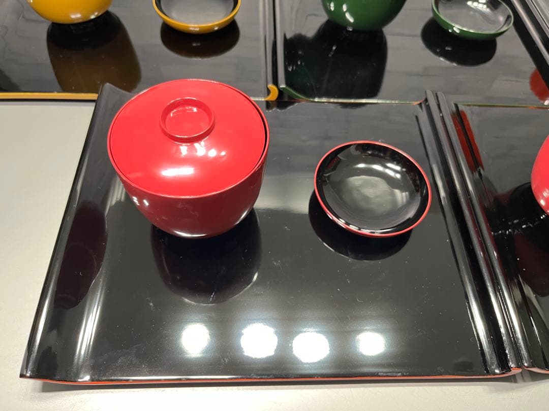 輪島塗　おしるこ椀　吸物椀　小皿　盆　八寸　5客セット　薄手　ポップな色味