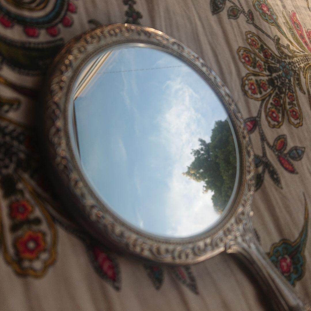 アンティーク 銀メッキ 手鏡 花柄