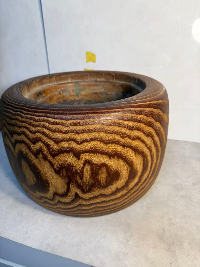 昭和初期　大胆な杢目が目を引く桐の火鉢　木胴銅張り　古民具　当時物　希少