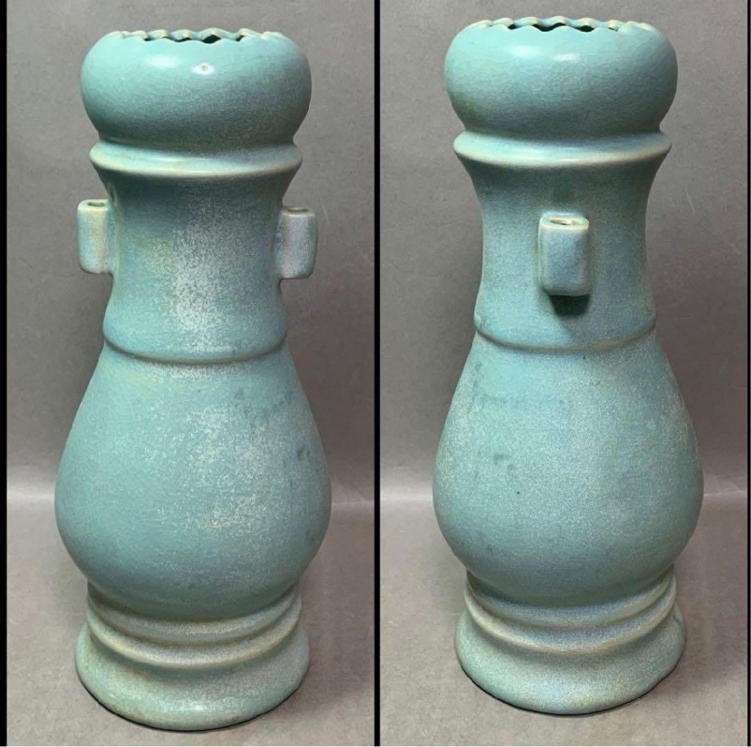 中国 四大名窯宋代汝窯天青釉 莲花口双耳花瓶 がギザギザの瓶