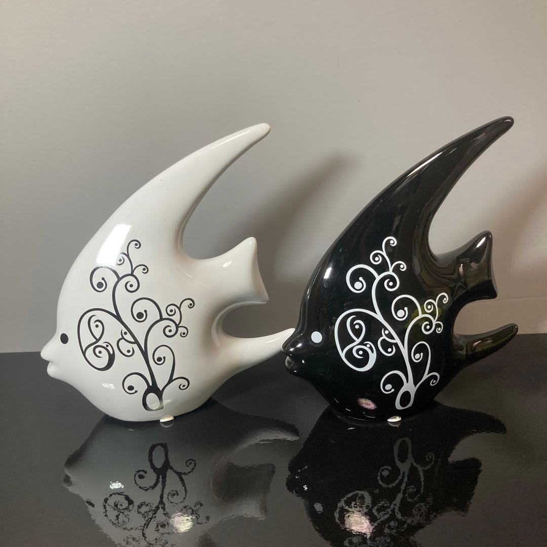 白黒魚形陶器 置物 2個セット インテリア アンティーク 雑貨 美術品 アート