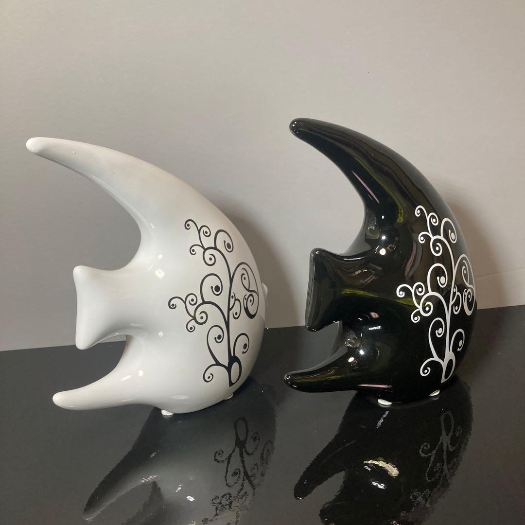 白黒魚形陶器 置物 2個セット インテリア アンティーク 雑貨 美術品 アート