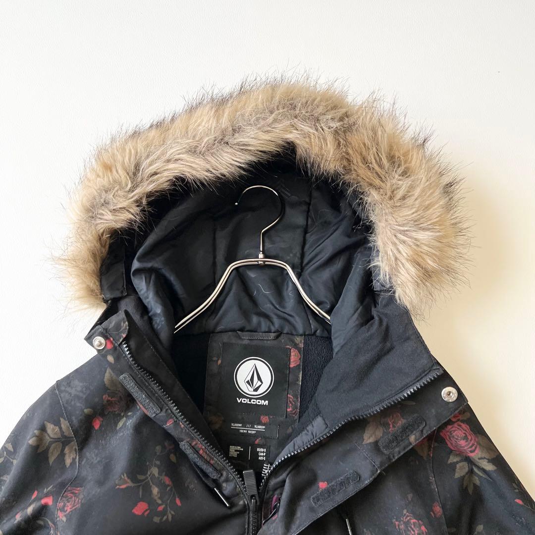 3268 ボルコム　ジャケット ファー付き 花柄 バラ　黒　S