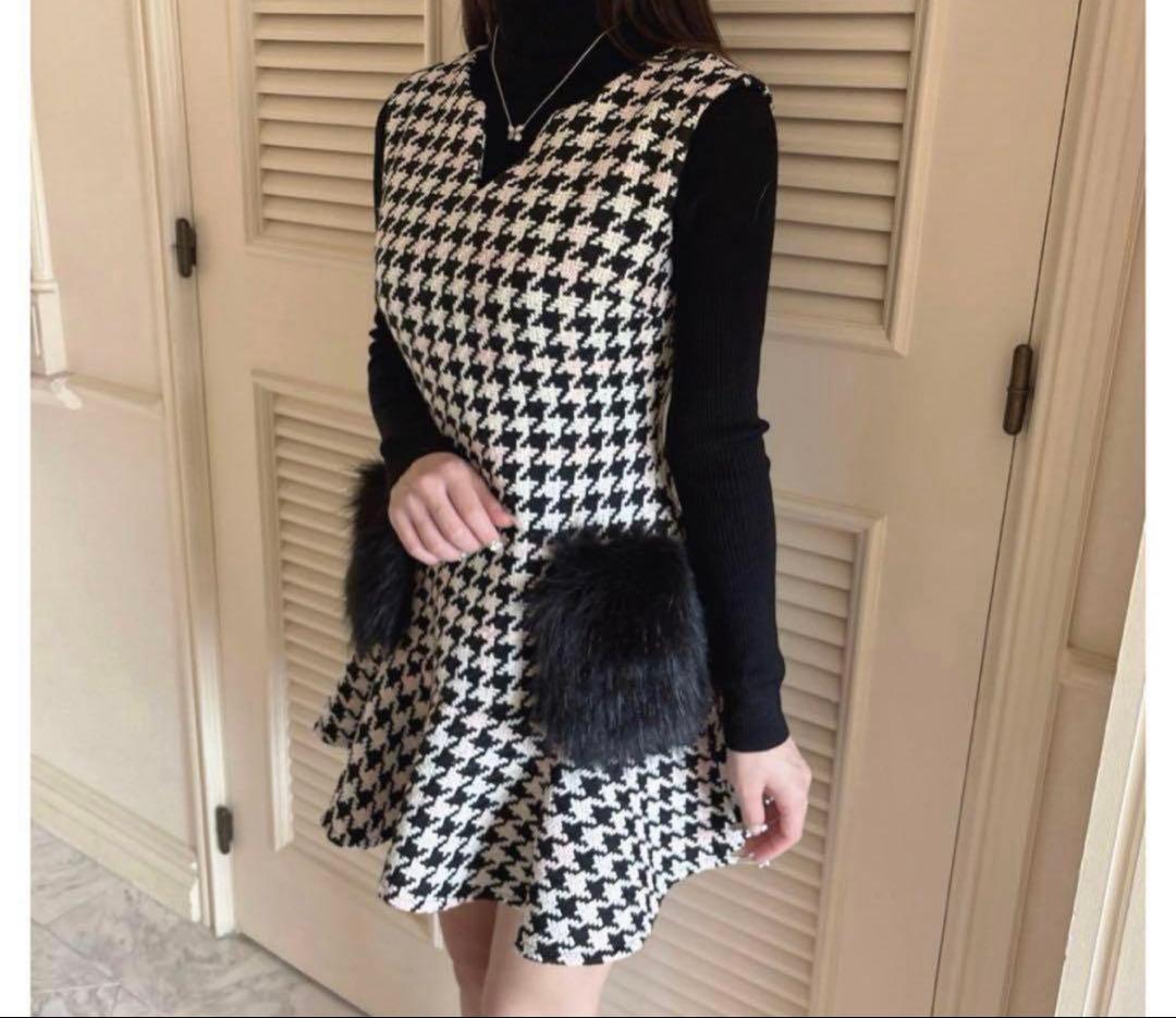 ルミニョン 千鳥柄 チェック ノースリーブワンピース Mサイズ