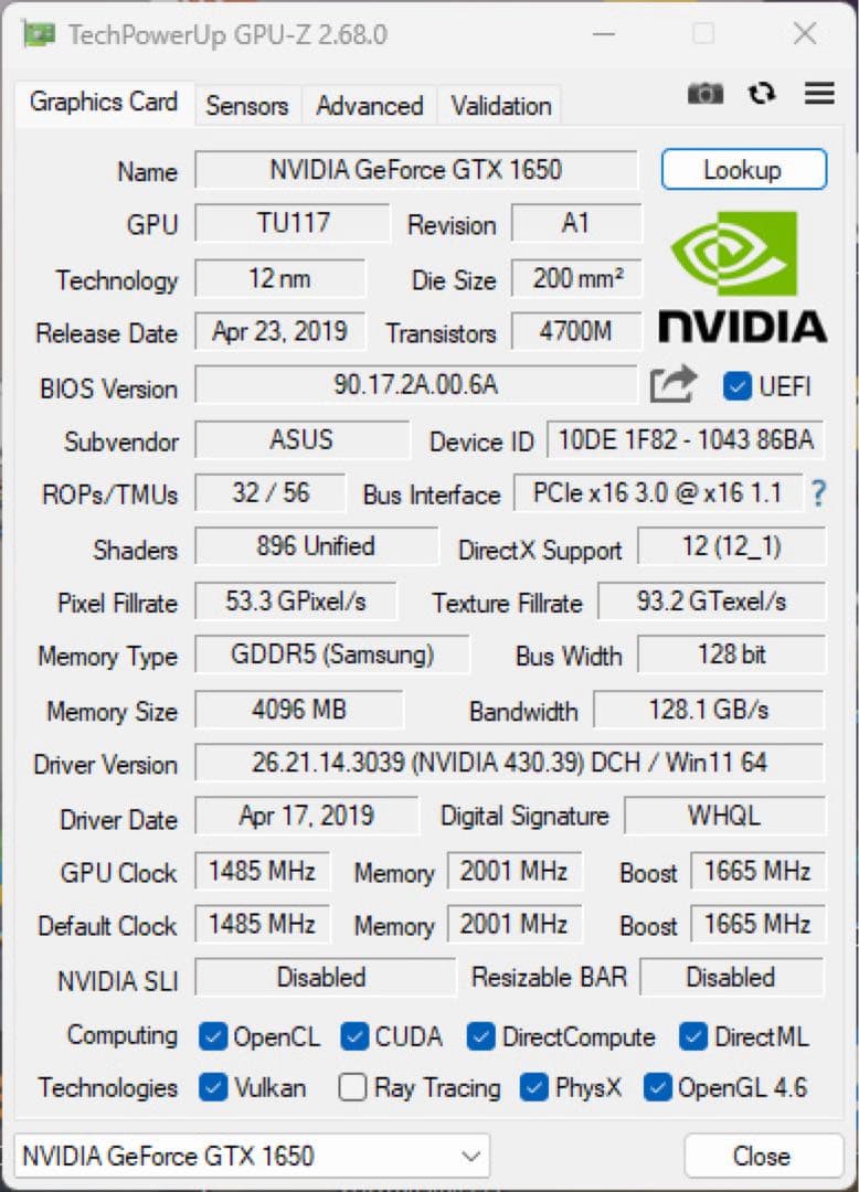 【動作確認済み】PH-GTX1650-4G【中古】