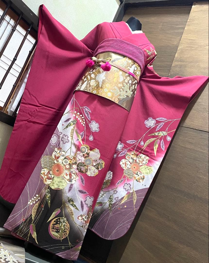 振袖 フルセット6点サイズM〜Ｌ刺繍　吉祥花蝶文　暈し染め　金糸　金彩　正絹