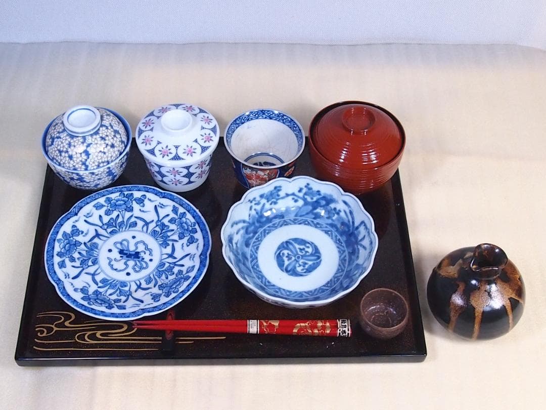 【良品】輪島塗 長手脇引膳 5客 梨地霞/波蒔絵 卓上膳/懐石膳/会席膳 漆器