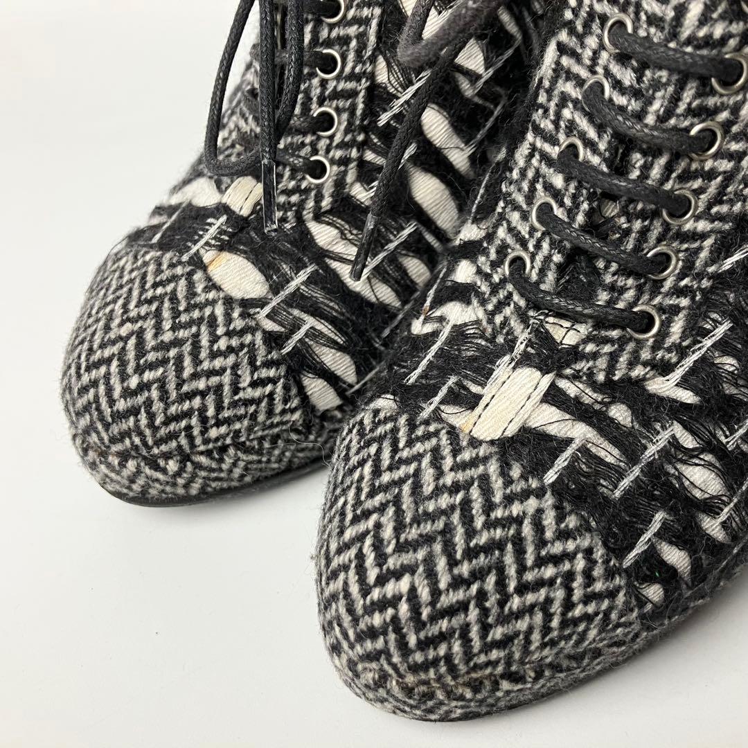 モっちゃんCHANEL ツイード　ココマーク　ブーティヘリンボーン23.5