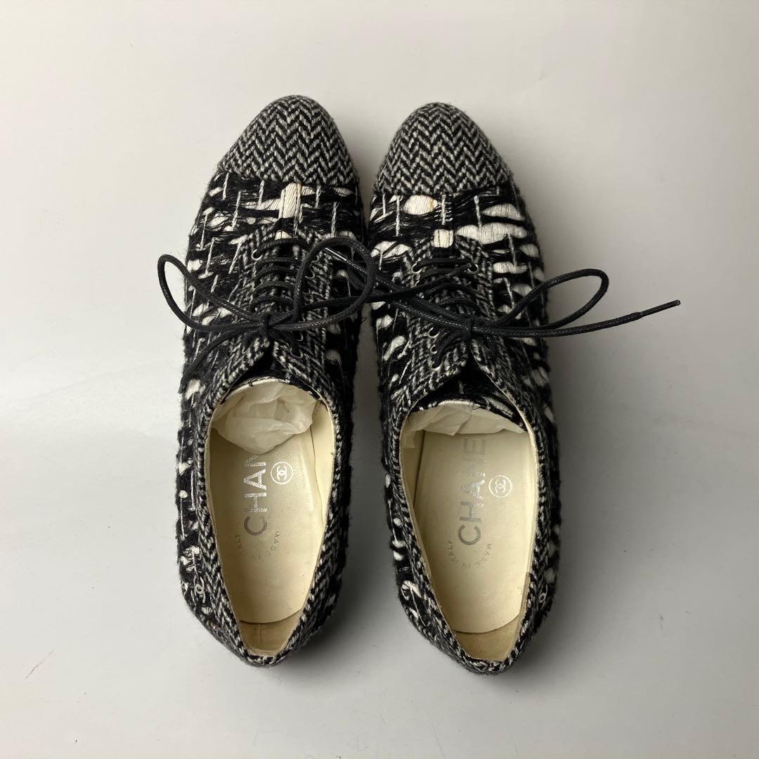 モっちゃんCHANEL ツイード　ココマーク　ブーティヘリンボーン23.5