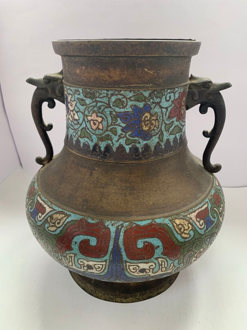 古銅　七宝饕餮文耳付瓶 大日本文政年整珉鋳　送料込み