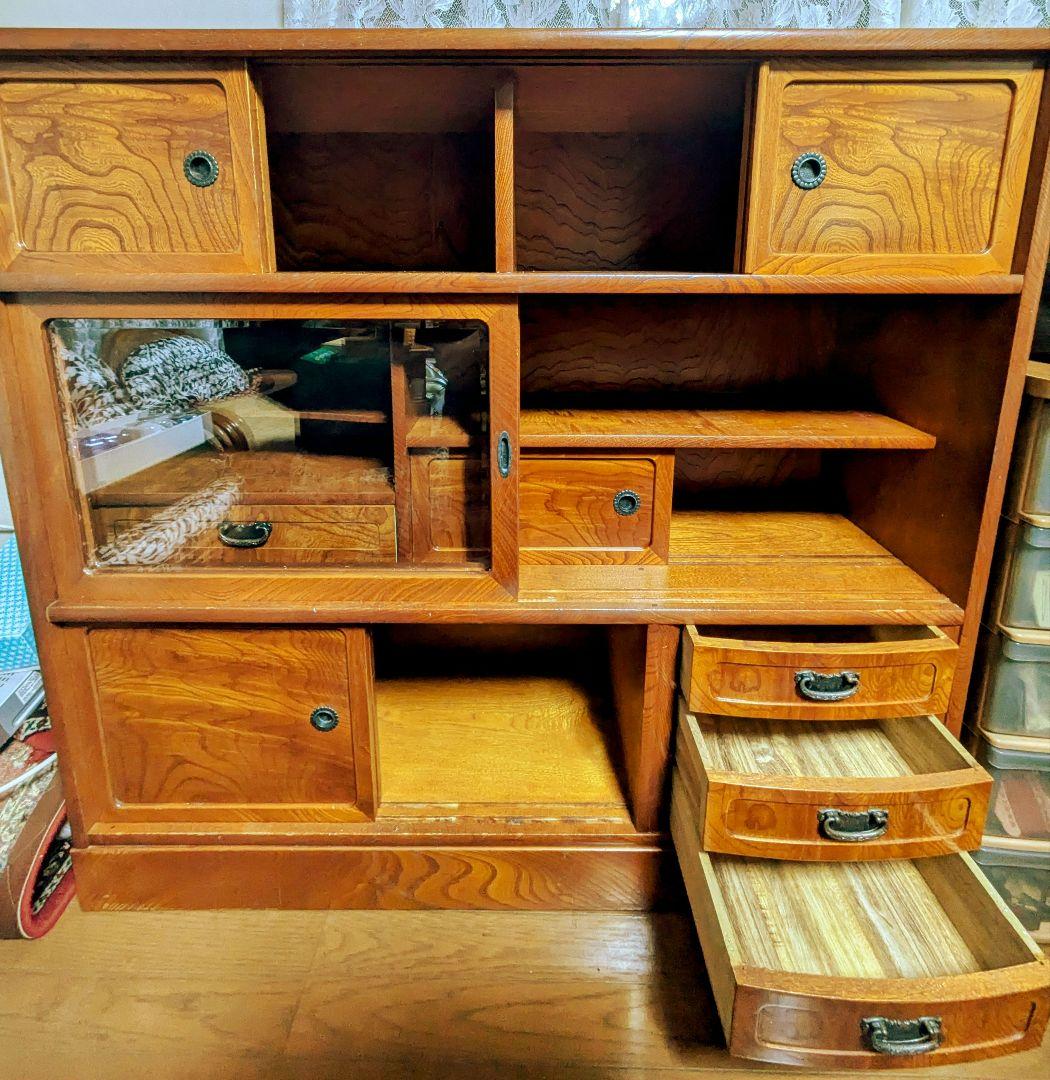 木製アンティーク箪笥 茶箪笥 飾り棚 茶棚 食器棚 収納 古家具 昭和レトロ