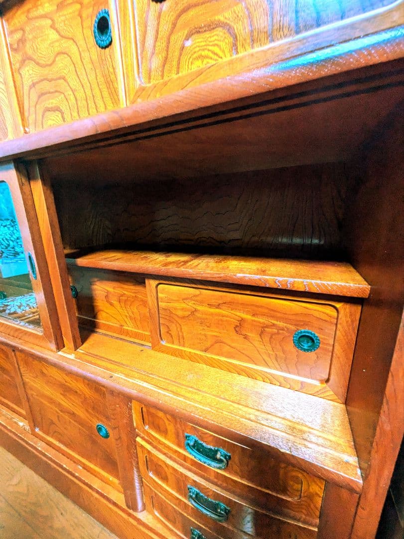 木製アンティーク箪笥 茶箪笥 飾り棚 茶棚 食器棚 収納 古家具 昭和レトロ