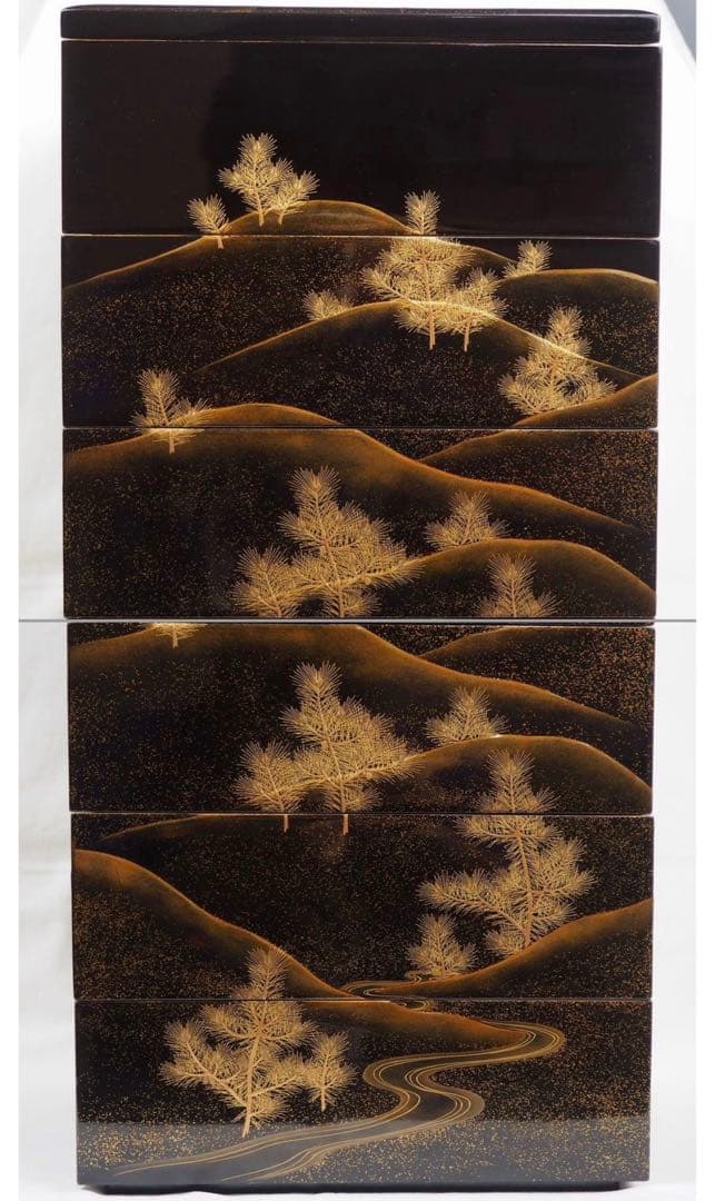 送料無料　旧家蔵出時代輪島塗 本金使用 金蒔絵根５重箱　変え蓋月付　大美品　共箱