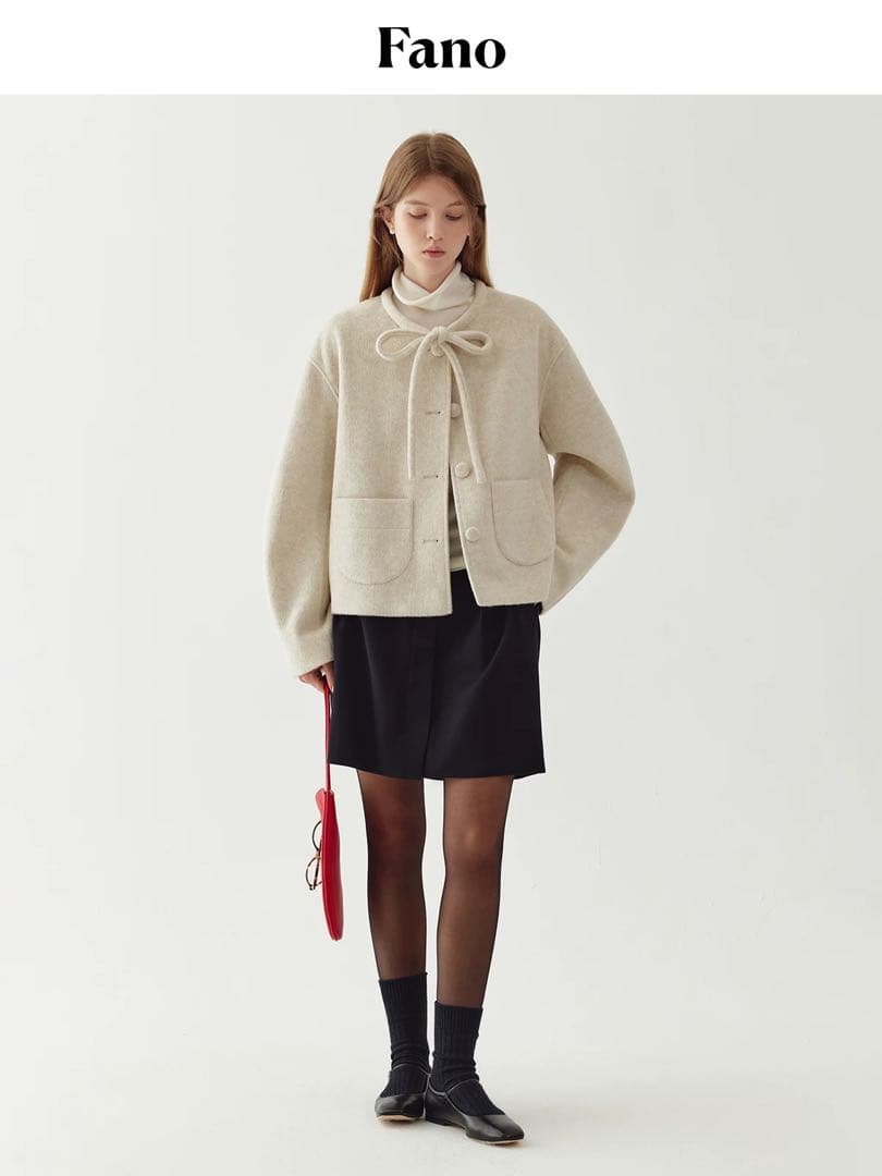 即購可Fanostudios リボンタイ ショートウールコート FQ24W101