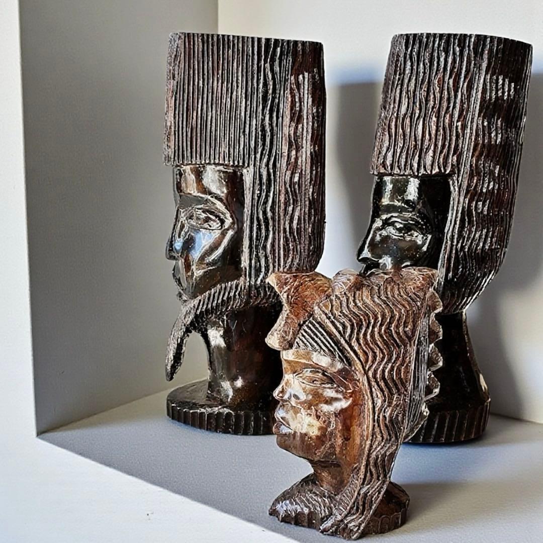 【民藝アート】アジアン木彫 人物像3体セット｜儀礼像・プリミティブオブジェ