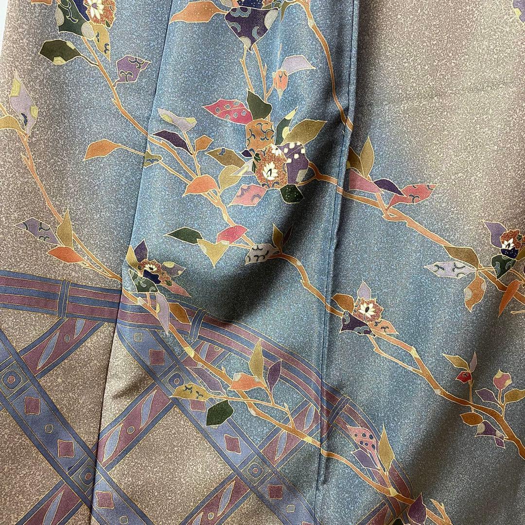 ZY-773 訪問着 叩き染め 金通し 枝と花 垣根 共八掛 逸品 名品