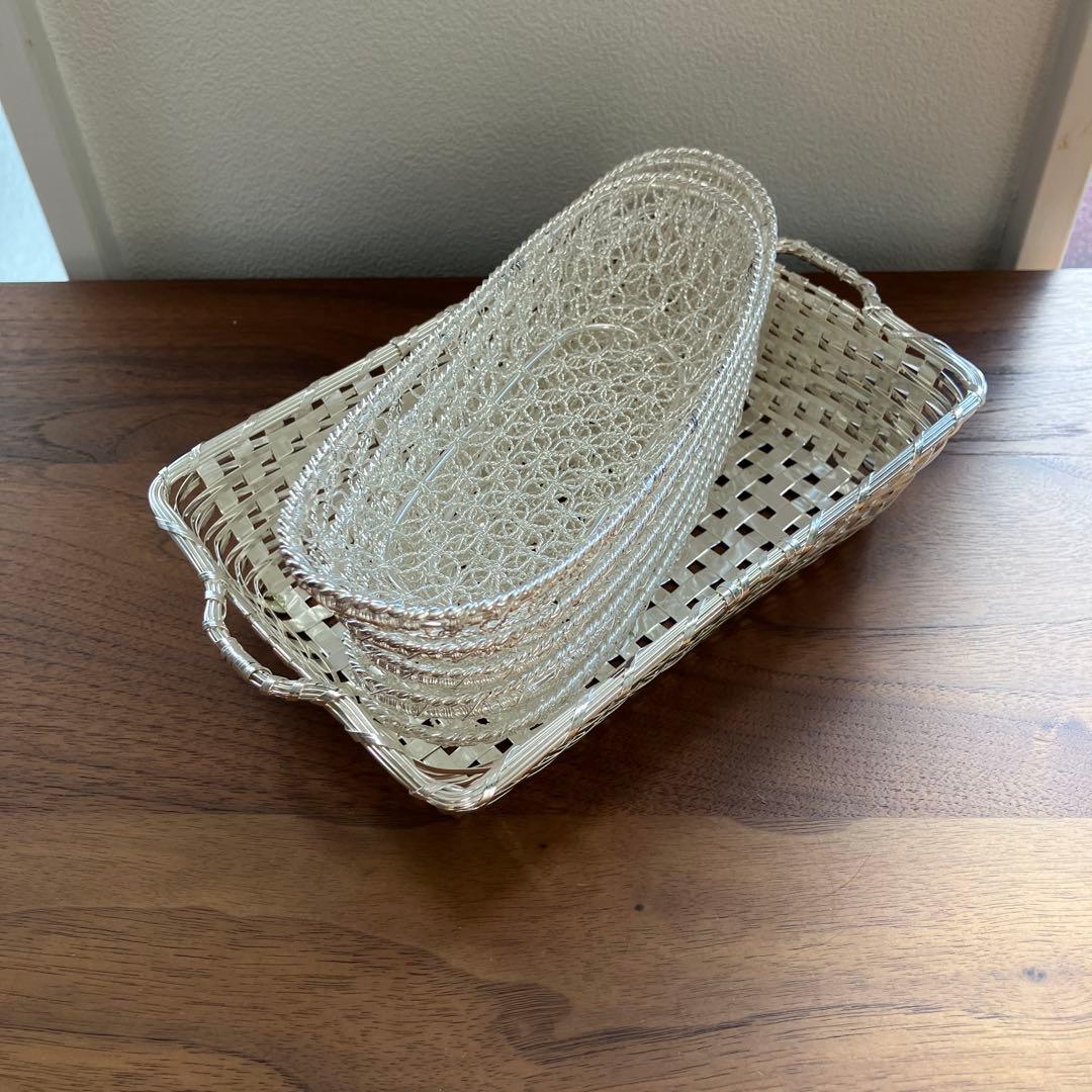 銀座WAKO 和光 銀細工 おしぼりトレイ 5個組+ バスケット付