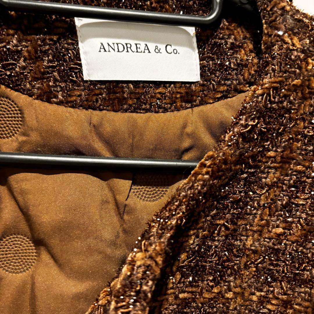 アンドレアアンドコー ツイードファージャケット ノーカラーコート ブラウン