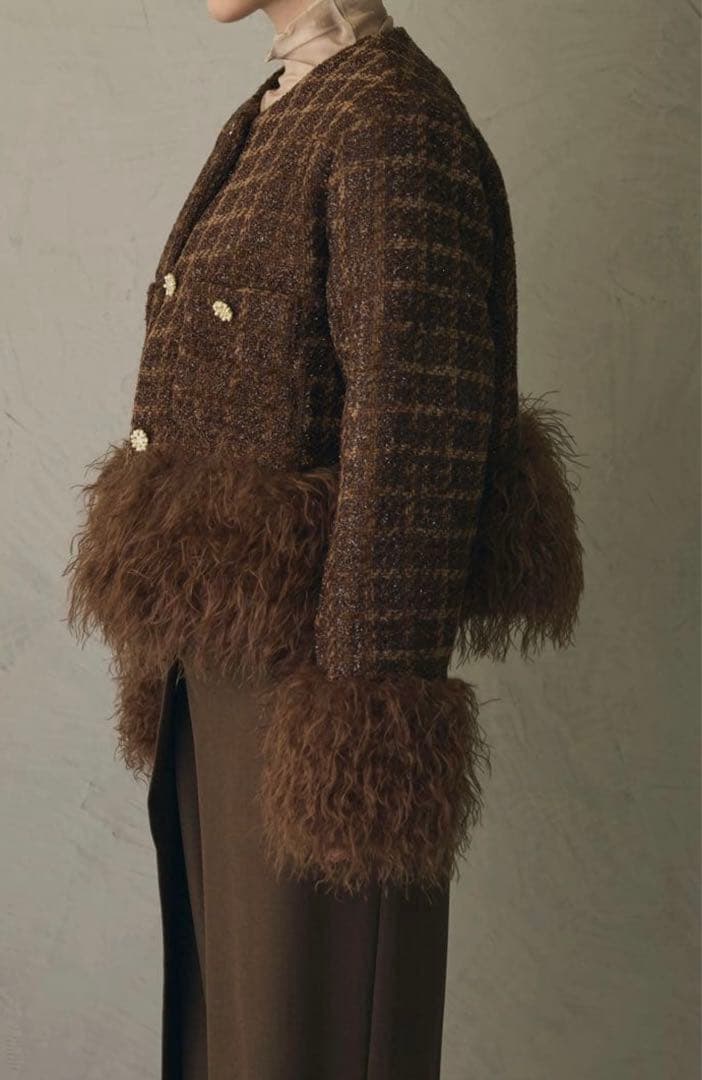 アンドレアアンドコー ツイードファージャケット ノーカラーコート ブラウン