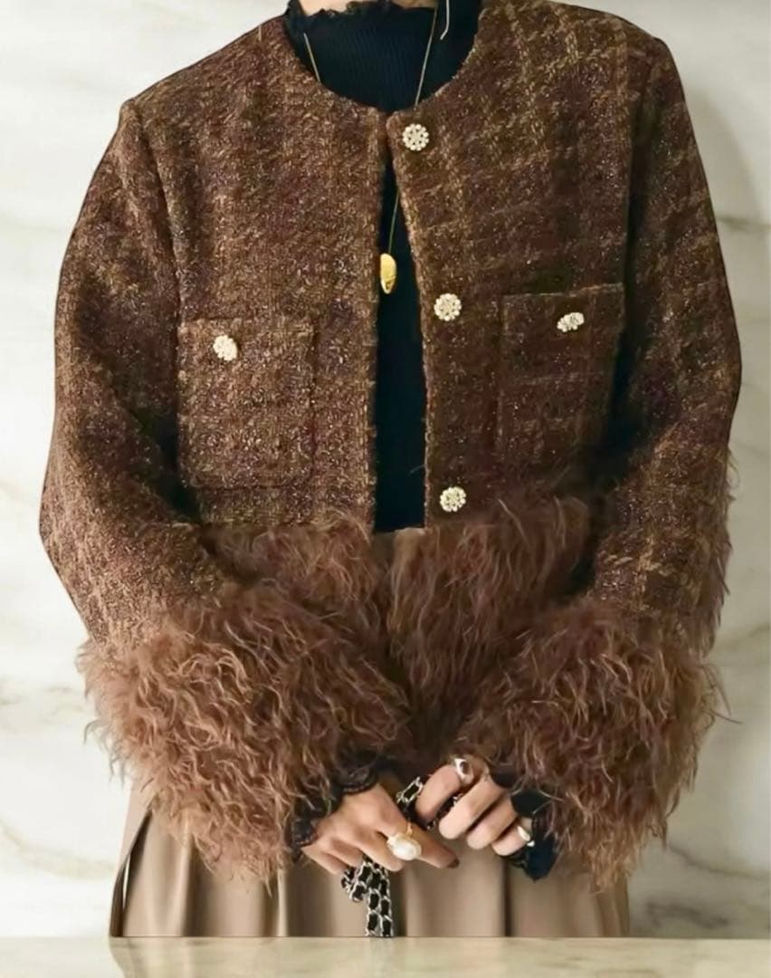 アンドレアアンドコー ツイードファージャケット ノーカラーコート ブラウン