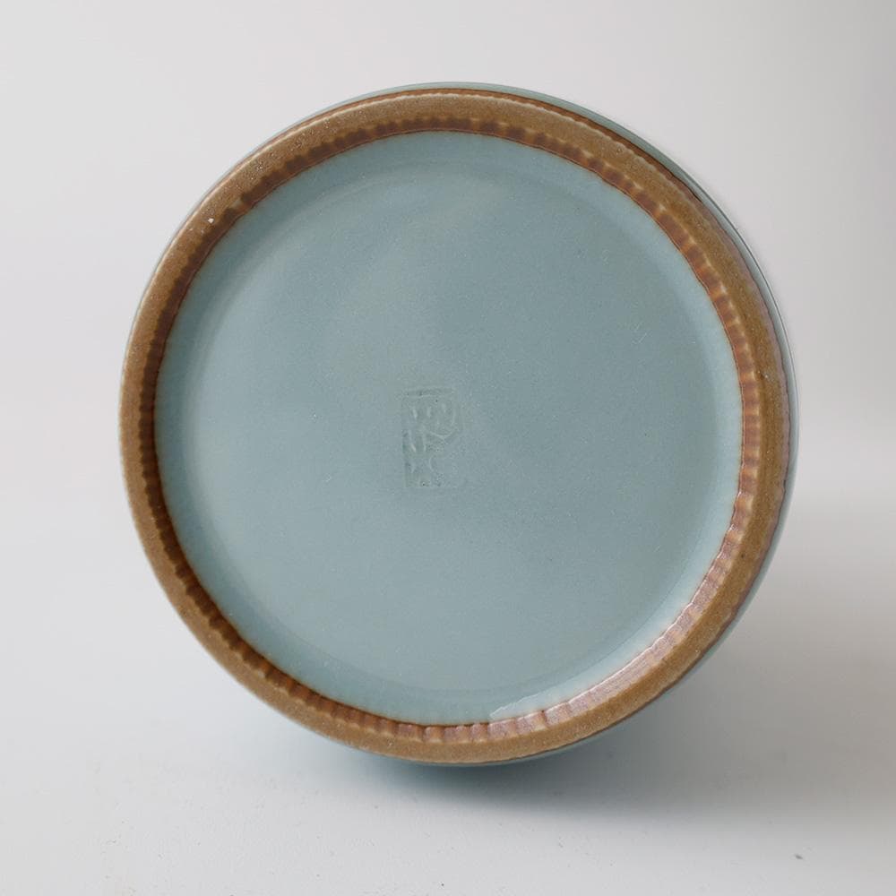 T　 時代 三代 諏訪蘇山　花入 共箱 　青瓷 青磁 茶道具　黄布　しおり　陶歴