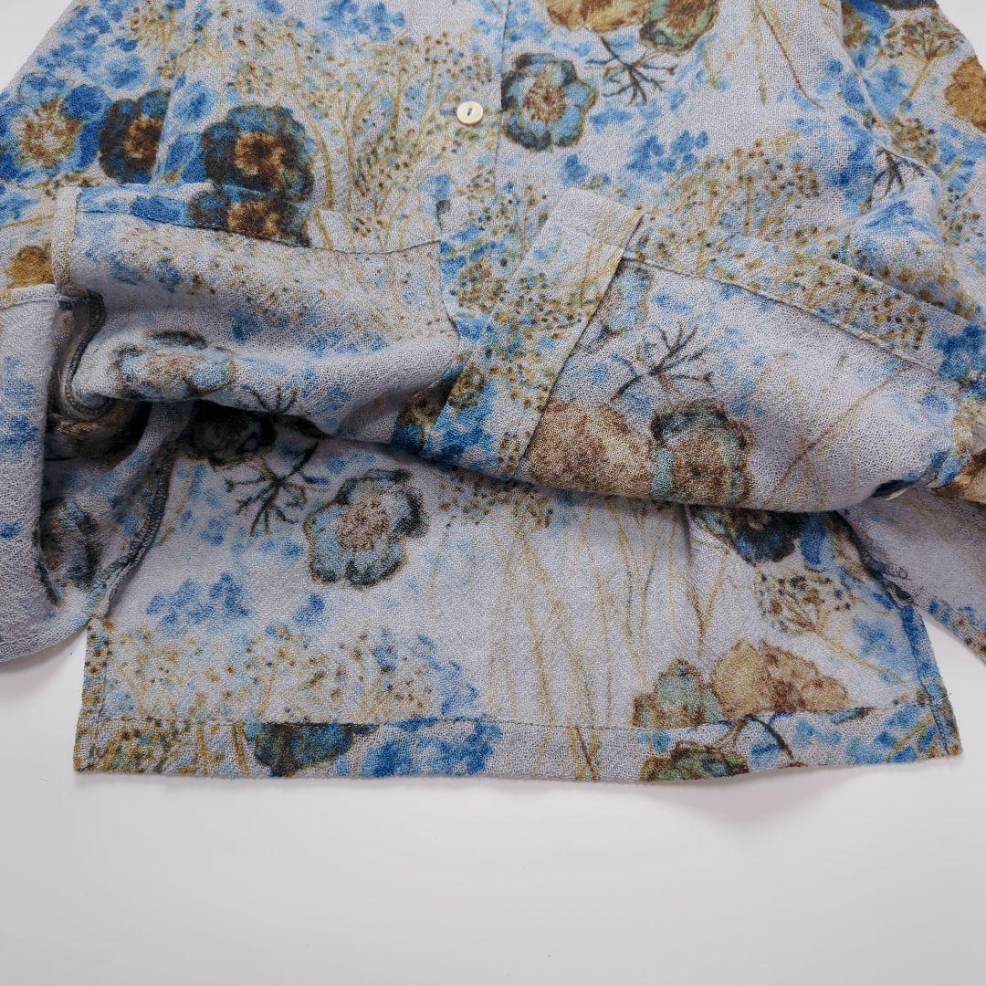 コットンハウスアヤ｜ウールガーゼ 長袖シャツ 水彩フラワー ブルー系 美品