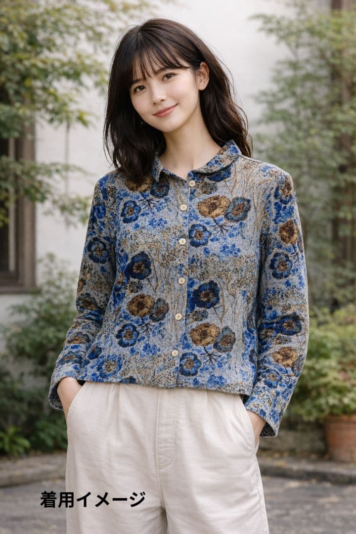 コットンハウスアヤ｜ウールガーゼ 長袖シャツ 水彩フラワー ブルー系 美品