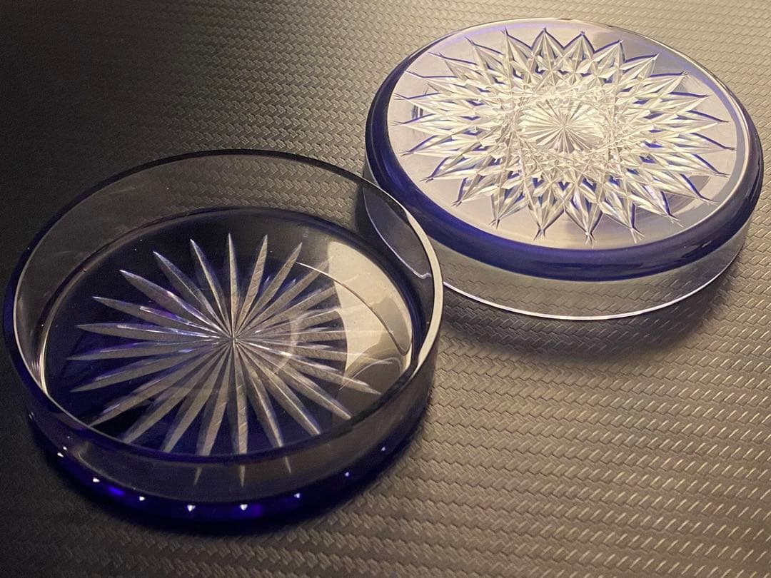 江戸切子 廣田硝子 シャーレ 切匣 蜘蛛の巣文様 青