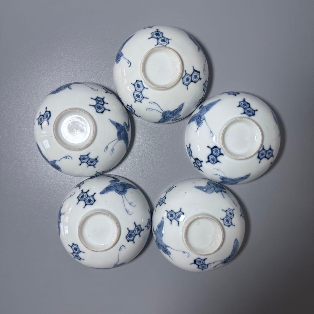 古平戸　染付鶴文様茶碗　五客　特注仕立箱　汲み出し　江戸後期〜明治期　古伊万里