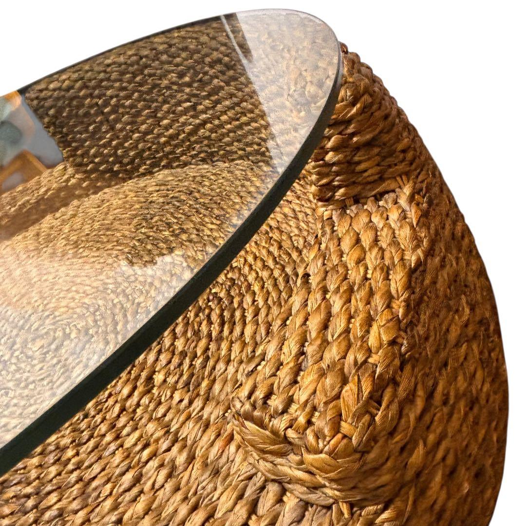 【美品】ラタン製 ガラス天板 円形テーブル / ラウンドテーブル/ローテーブル