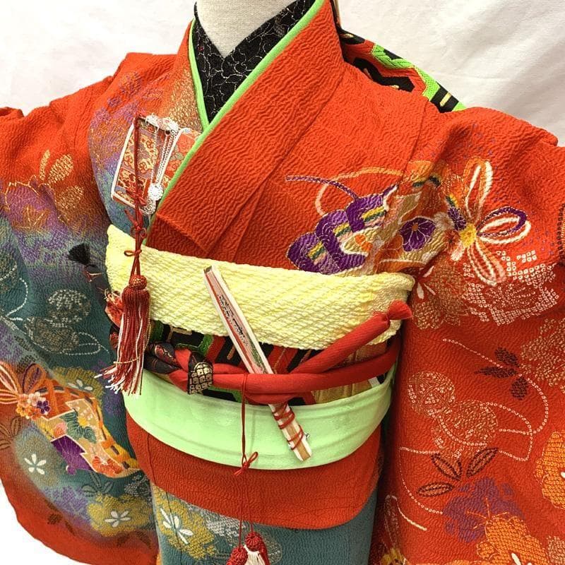 412ag63□七五三 七歳 女児 着物&袋帯 金彩 縮緬 扇 赤緑□状態良好u