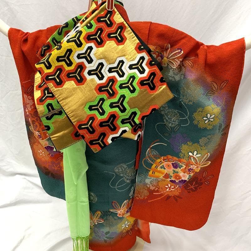 412ag63□七五三 七歳 女児 着物&袋帯 金彩 縮緬 扇 赤緑□状態良好u