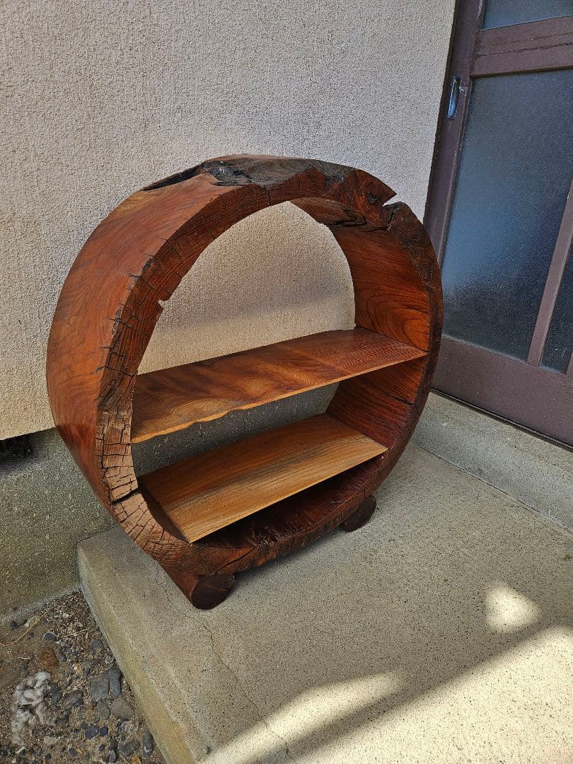 欅の飾り棚 木製 無垢 シェルフ オープンラック 丸型 和室 古民家 和モダン