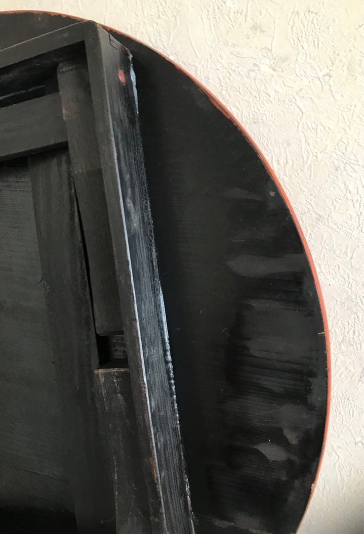 昭和レトロ　オレンジ、黒色 円形木製折り畳みテーブル　【希少】