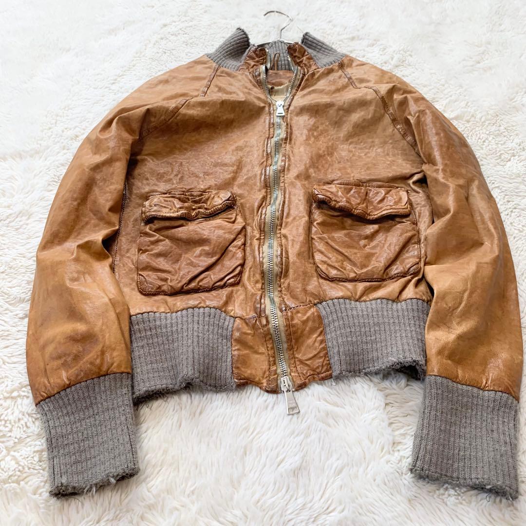 GIORGIO BRATO レザー　ジャケット　袖リブ　鳥　42サイズ　ブラウン