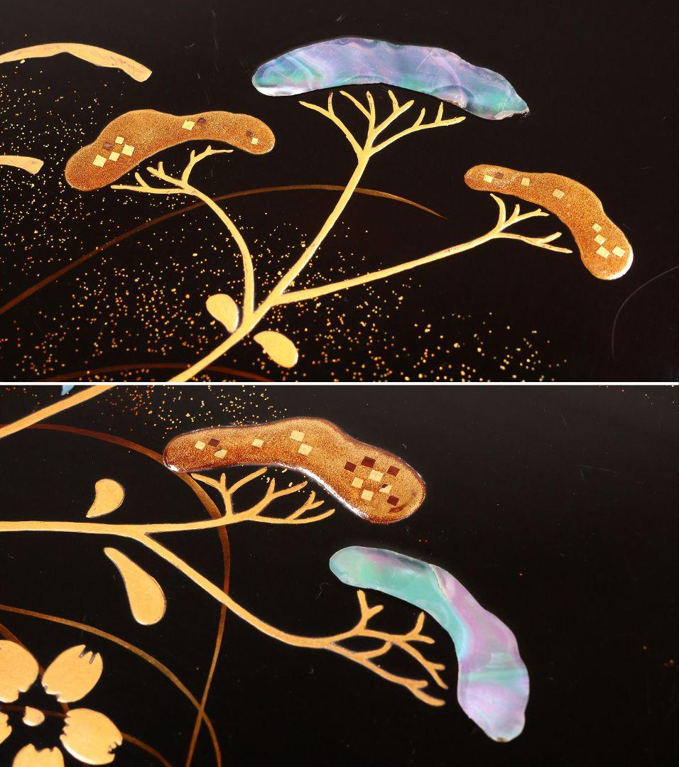 古い膳 螺鈿 流水草花 金銀蒔絵 四方膳 卓上 五客 根来 黒 木製 CM388