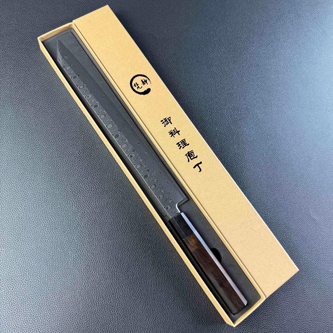 9542新品ダマスカス 切付柳刃包丁 尺一波紋の舞 105層 黒檀黒水牛角八角柄