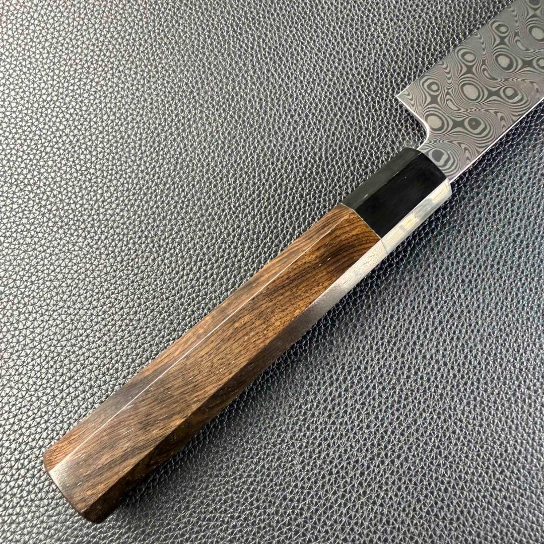 9542新品ダマスカス 切付柳刃包丁 尺一波紋の舞 105層 黒檀黒水牛角八角柄